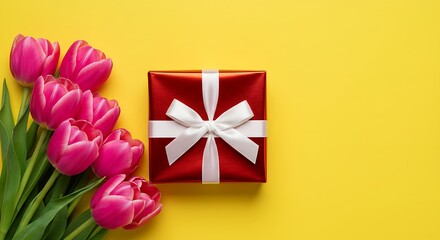 Gift box with white ribbon and pink tulips on yellow background for celebration