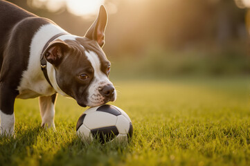 Playful black and white dog sniffing small soccer ball on grass at golden hour, warm light and soft background creating joyful outdoor mood