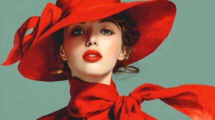 Fototapeta premium Attractive fashionable girl in bold red hat posing gracefully, Melbourne Cup horse racing fashion theme, retro chic vintage artwork blended with stylish modern digital art aesthetics.