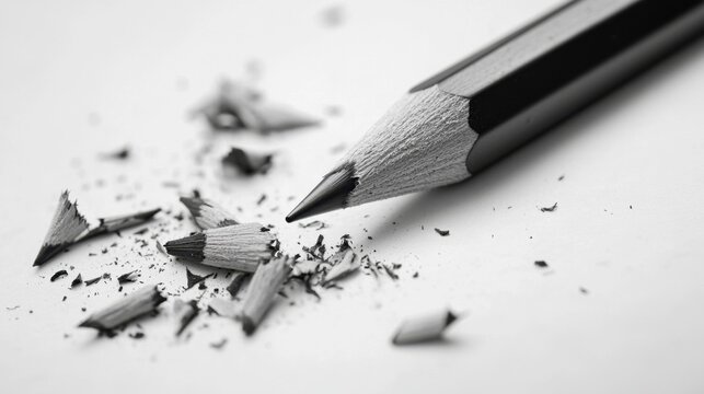 Pencil resting on a surface with shavings scattered nearby highlighting the process of writing and drawing at a workspace - Powered by Adobe