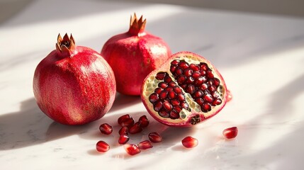 Pomegranates resting on a marble surface with bright sunlight casting shadows