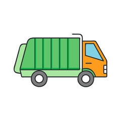 Cartoon style garbage truck carrying recycling and waste for a cleaner environment