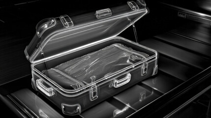 x-ray style image of suitcase contents on conveyor belt glowing edges no text high contrast illustration concept scene visual for commercial design use high detail quality stock image illustration
