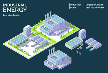 Obraz premium Cartoon Power Plant, Logistic Center and Warehouse with Separate Set Industrial Energy Building Concept 3d Isometric. Vector illustration