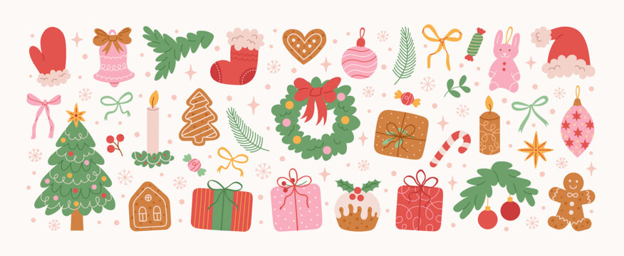 Set of Christmas hand drawn elements.  Cute holiday Xmas graphic icons. Wreath, Xmas tree, bow, gift, candle, holly, funny tree toys, candy, red socks.  Perfect for greeting card. Vector illustration.