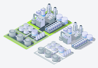 Cartoon Petrochemical Plant and Tank Farm with Separate Set Industrial Energy Building Concept 3d Isometric. Vector illustration