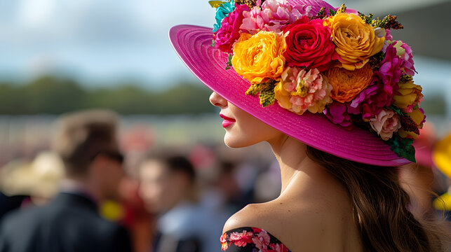 Retro modern horse racing fashion woman in fancy dress and colorful floral hat, elegant spring carnival style with race track and horses in background, Melbourne Cup cultural event artwork