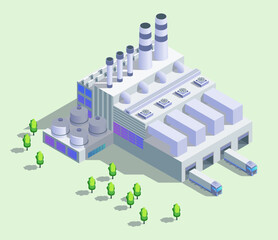 Cartoon Color Garbage Power Plant with Green Trees Isolated Industrial Energy Building Concept 3d Isometric View. Vector illustration