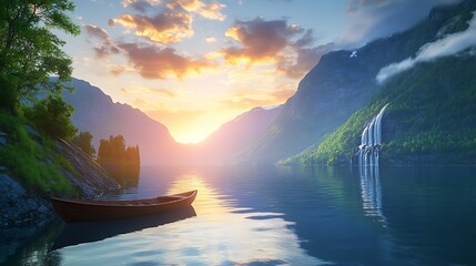 Serene Waters A Tranquil Boat Ride at Sunrise in a Mountain Lake
