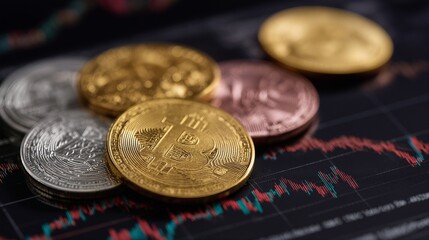 a close-up view of various cryptocurrency coins?��including bitcoin, ethereum, litecoin, and ripple?��scattered across a digital stock market graph with red and green candlestick patterns.