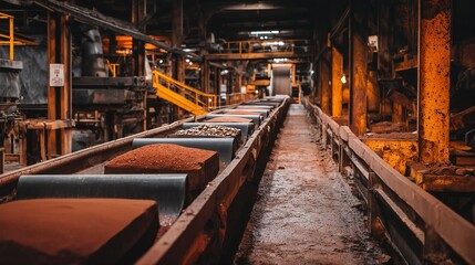 a long view down a gritty, industrial conveyor belt system carrying reddish-brown material through a dimly lit, cavernous factory interior.