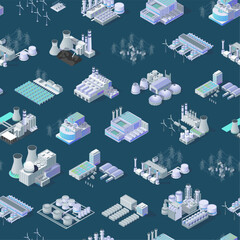 Cartoon Color Industrial Energy Building Object Concept Seamless Pattern Background 3d Isometric View Elements. Vector illustration