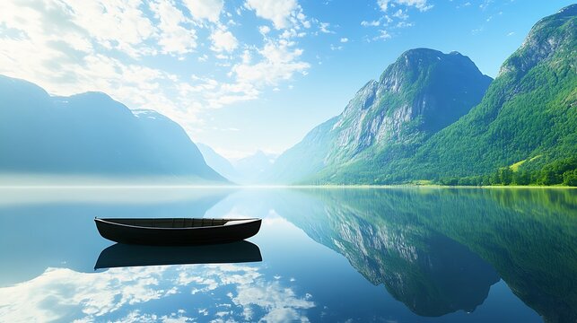 Tranquil mountain lake reflection with a lone boat floating under a pristine blue sky, showcasing nature's peaceful beauty and serene solitude