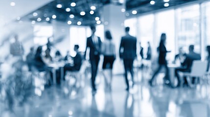 Blurred business people meeting in office interior with space for background or banner design. High quality