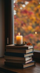 Candle on stacked books by the window with autumn foliage outside  
