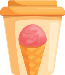 Pink ice cream in waffle cone on disposable paper cup packaging with plastic lid, showing flavor