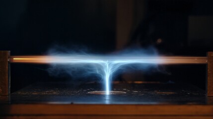 a captivating long exposure photograph showcases a plasma arc forming a brilliant, ethereal blue structure extending from a central point to a horizontal metallic bar in a darkened laboratory setting.