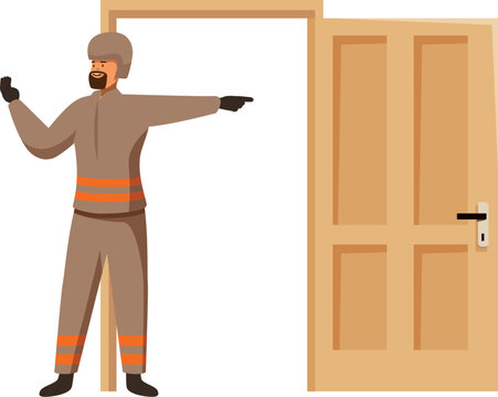 Firefighter pointing to open door, guiding people to safety during fire drill, emphasizing importance of emergency preparedness