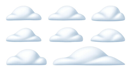 Fototapeta premium A collection of fluffy, stylized white clouds rendered in a soft, cartoonish style against a clean white background, showcasing various shapes and sizes.