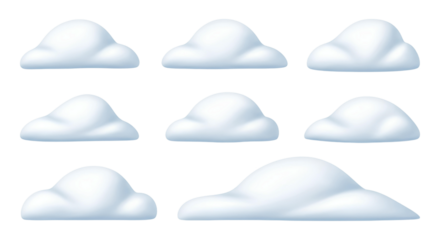 A collection of fluffy, stylized white clouds rendered in a soft, cartoonish style against a clean white background, showcasing various shapes and sizes.
