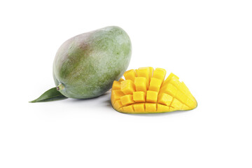 Fresh Panzhihua Mango with Diced Flesh on White Background