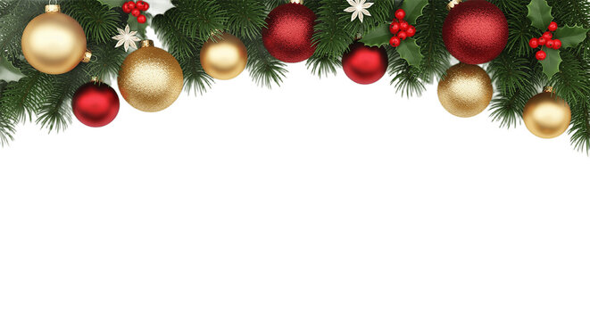 Festive Christmas garland of pine, holly, and red and gold ornaments.