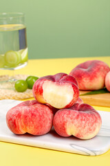 Fresh Shaanxi Flat Peaches with Creamy White Flesh on Cutting Board - Healthy Fruit Still Life