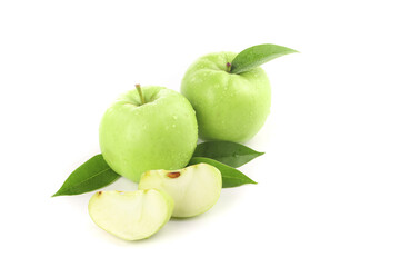 Fresh Green Apples with Leaves and Slices on White Background