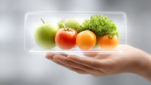 Fresh fruits and vegetables displayed in hand, showcasing modern interface for healthy eating. This emphasizes nutrition and technology