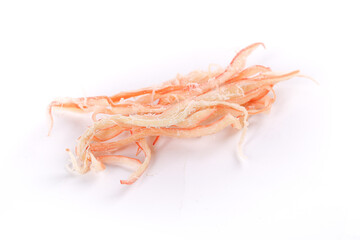 Air-dried squid strips seafood snack on white background