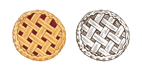 Hand drawn vintage sketch of whole cherry lattice pie with color and monochrome version for thanksgiving bakery design