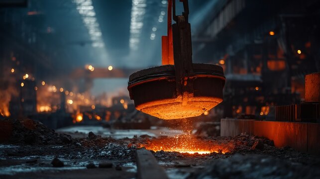 molten metal pours from a glowing crucible suspended by a crane in a dimly lit industrial setting filled with sparks and blurred lights.