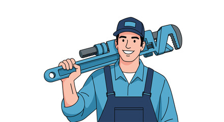 Skilled plumber holding large adjustable wrench tool ready for work