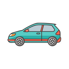 Fototapeta premium Stylized cartoon car with teal body and red accents viewed from side