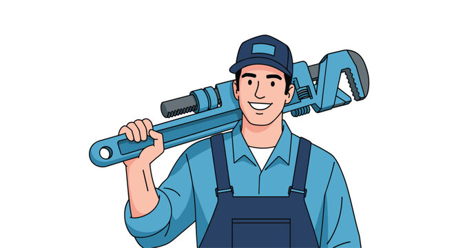 Skilled plumber holding large adjustable wrench tool ready for work - Powered by Adobe