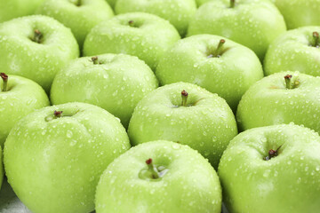 Fresh Green Apples with Water Drops - Healthy Organic Fruit Background