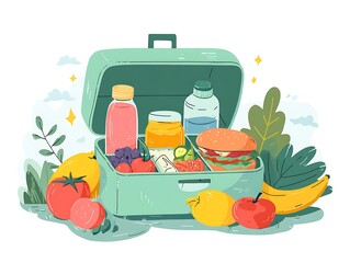 Vibrant illustration of a healthy packed lunchbox, showcasing a balanced meal with fresh fruits, a sandwich, and drinks for a nutritious break