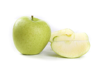 Fresh Green Apples Whole and Sliced on White Background