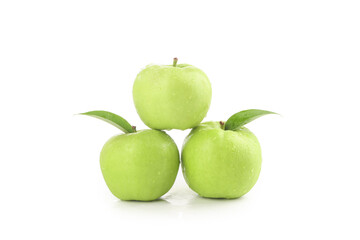 Fresh Green Apples from Shaanxi China - Sweet Crisp Fruit with Leaves on White Background