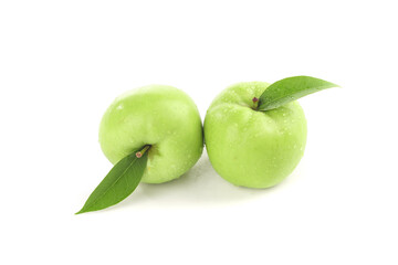Fresh Green Apples from Shaanxi China with Leaves Isolated on White Background