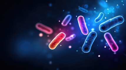 Glowing Mycoplasma bacteria float dark blue background, illuminated vibrant neon colors, creating futuristic scientific atmosphere sense of curiosity wonder