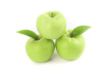Fresh Green Apples with Leaves Isolated on White Background - Healthy Fruit
