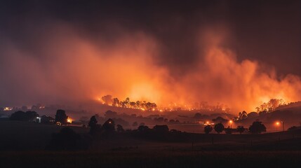 a fiery orange glow illuminates the night sky as a wildfire rapidly consumes a hillside, threatening nearby homes and casting an ominous light across the landscape.