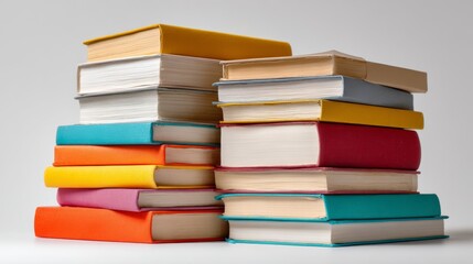 Varied cover hardcover books are stacked on a plain white background