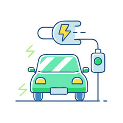 Electric car charging station with plug and charging bolt near vehicle