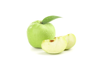 Fresh Green Apple with Slice and Leaf Isolated on White Background - Healthy Fruit