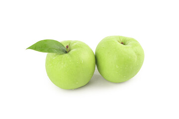 Fresh Green Apples with Leaf on White Background - Healthy Organic Fruit