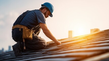 a construction worker kneels on a tiled roof, carefully inspecting or repairing it against a bright, warm sunset.