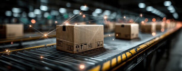 Cardboard boxes on a conveyor belt in a warehouse, with digital connection lines overlayed
