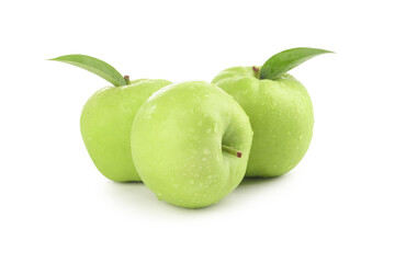 Fresh Green Apples with Leaves Isolated on White Background